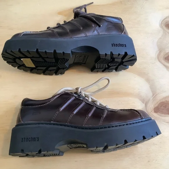 VTG 90s Y2K Skechers Womens Sz 9 Brown Leather Platform Chunky Shoes Grunge - Picture 6 of 11